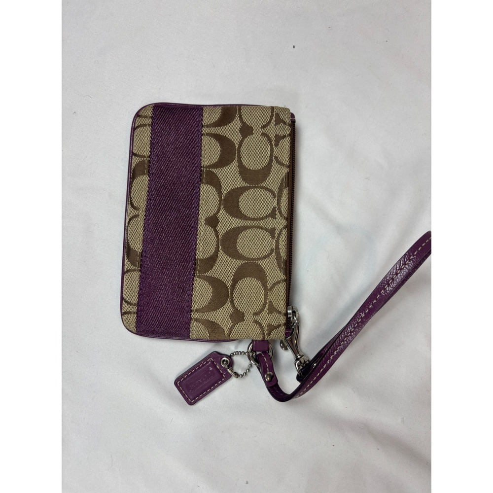 Coach Signature Canvas Wristlet Purple Stripe Khaki Brown Jacquard Card Holder